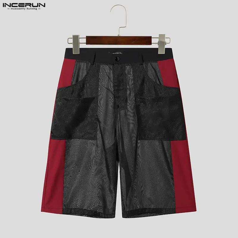INCERUN Men Shorts Mesh Patchwork See Through Loose Joggers Men Bottoms Summer Sexy Color-block Fashion Vacation Shorts For Man