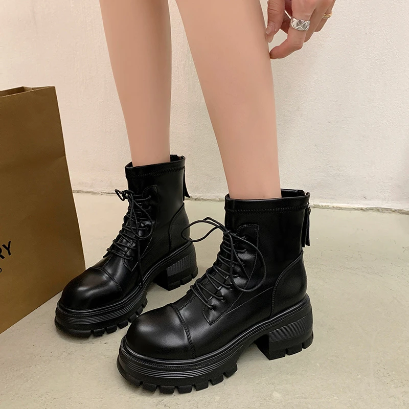 2023 New Ladies Shoes Basic PU Women's Boots Modern Ankle Boots Women Sewing Lace Up Round Toe Side Zip Chunky Heel Shoes Women