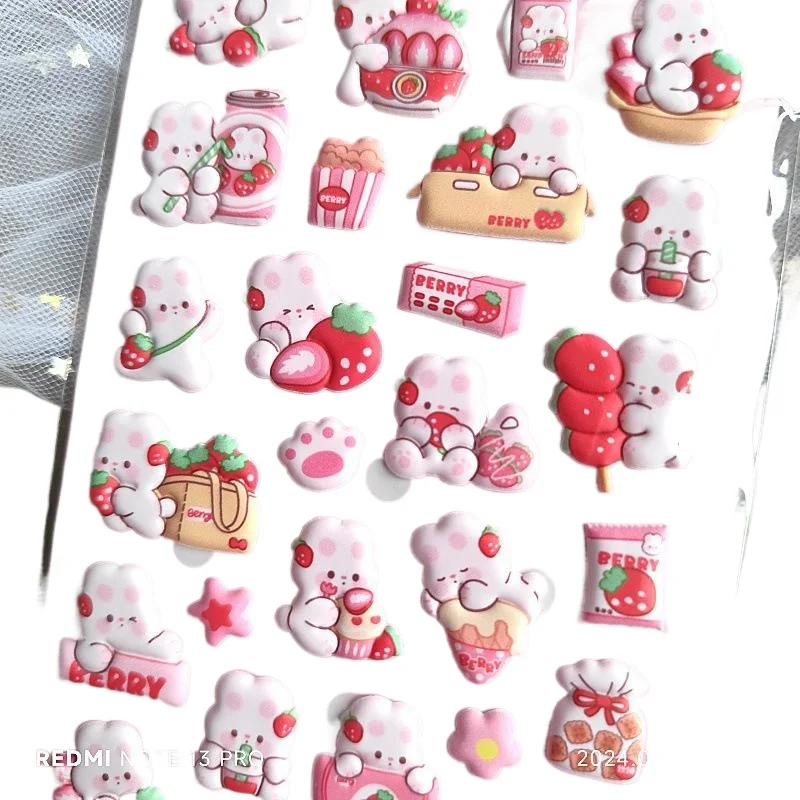 1pcs Random Kawaii Strawberry Bunny 3D Bubble Stickers EVA Puffy Stickers for Diary Hand Account Decoration