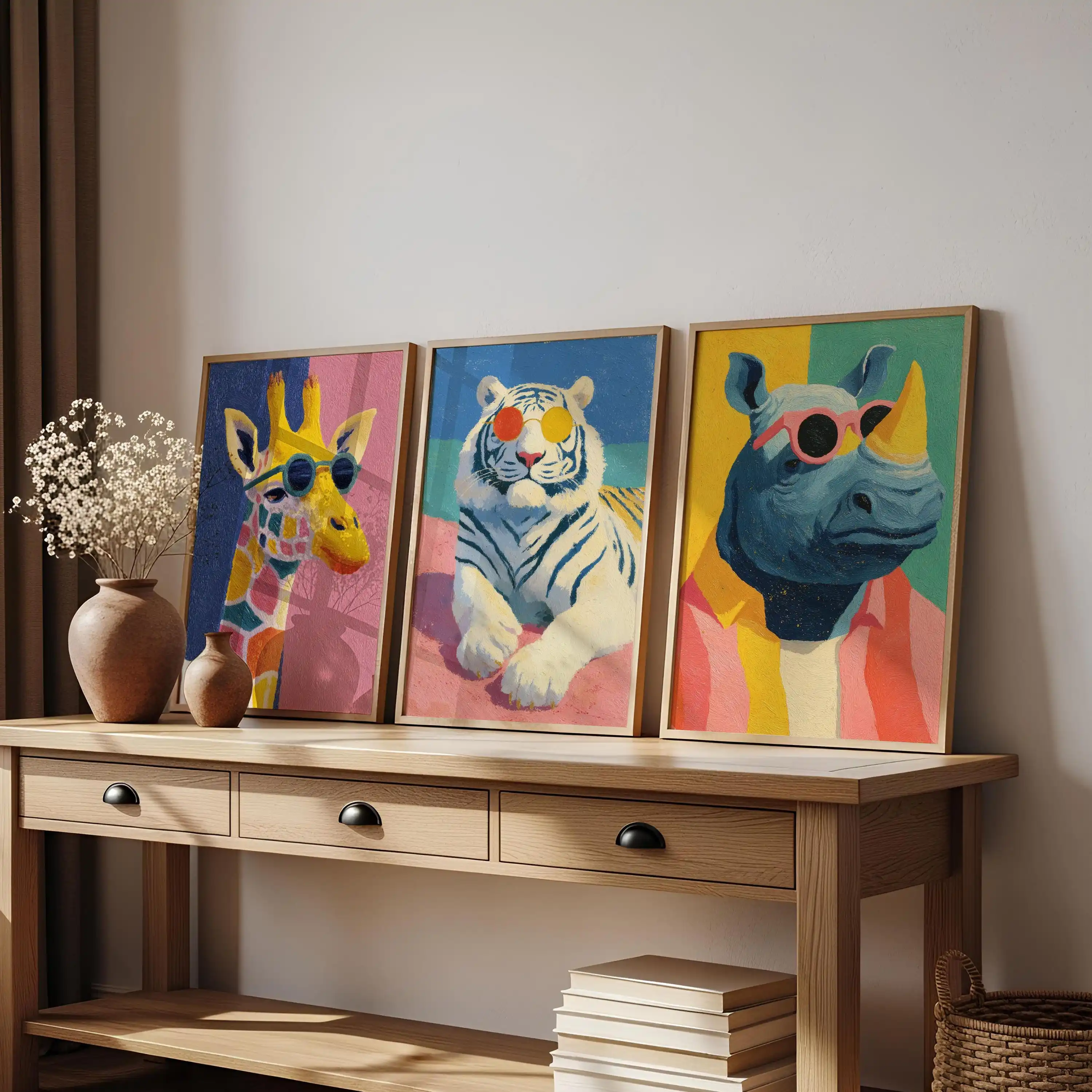 3PCS frameless decorative art print,Vibrant Animal Wall Art Prints Set of 3 Colourful Hipster Giraffe, Tiger Rhino Posters Moder