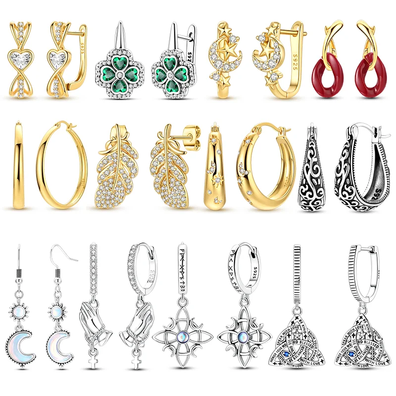 Neue 925 Sterling Silber Ohrringe Funkelndes Vierblättriges Kleeblatt Mond Sterne Betende Hand Creolen für Frauen Mädchen Schmuck Geschenke
