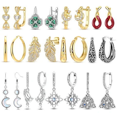 New 925 Sterling Silver Earrings Sparking Four Leaf Clover Moon Stars Praying Hand Hoop Earring For Women Girls Jewelry Gifts
