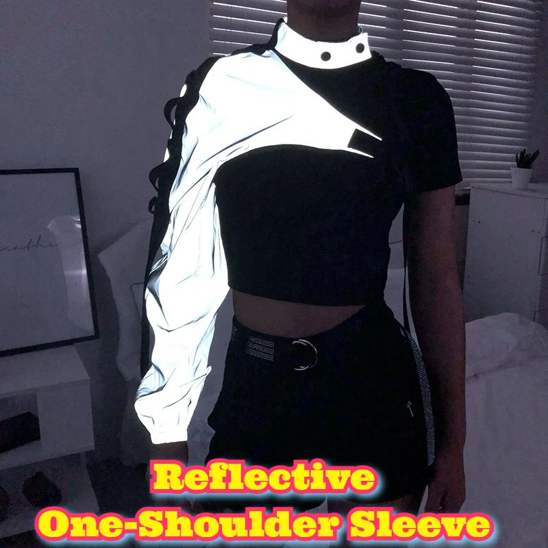 

Reflective Strappy One Shoulder Adjustable Neck Performance Top Half Sleeve Unisex Hip Hop Rave Costume Club Stage Wear Adult