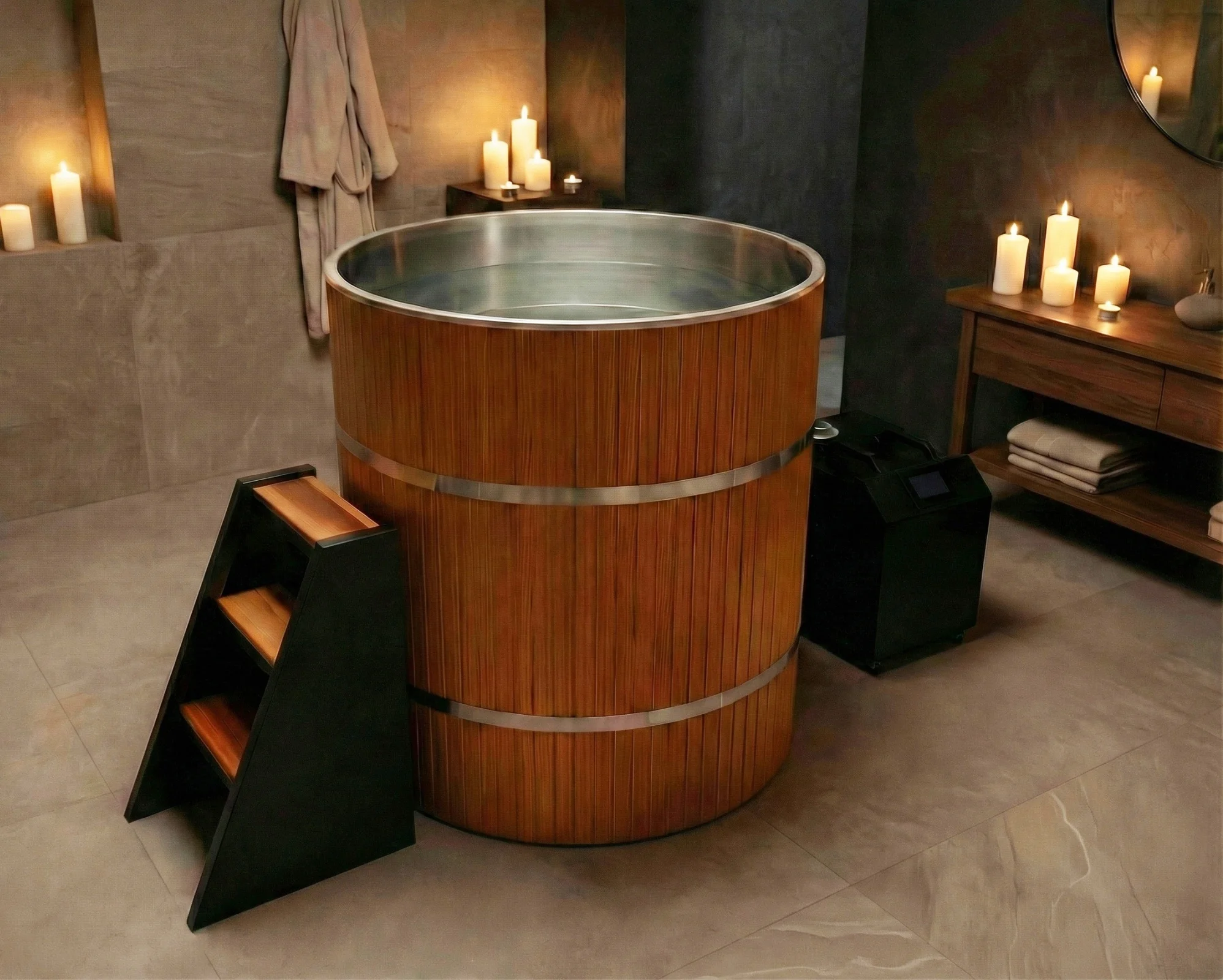 2-4 Person Cold Plunge   Custom 304 Stainless Steel, Wood Finish, Easy Setup Bulk Supply for  Global Markets
