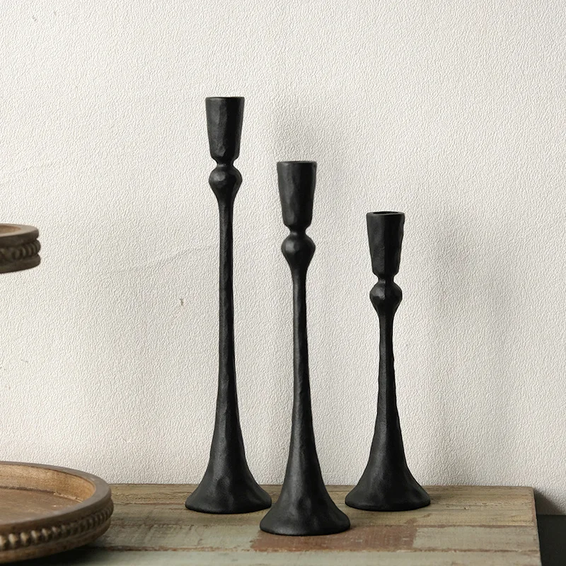 American Retro Gold Iron Candle Holder Three-piece Set, Home Decoration Ornaments, Fireplace Decoration, Hand-forged Candlestick