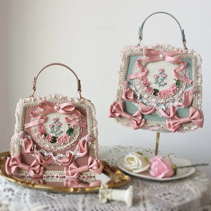 Retro Women Girl Lolita Handbags Satchels Flowers Imitation Pearl Shoulder Bag Crossbody Chain Bags Luxury Lace Ribbon