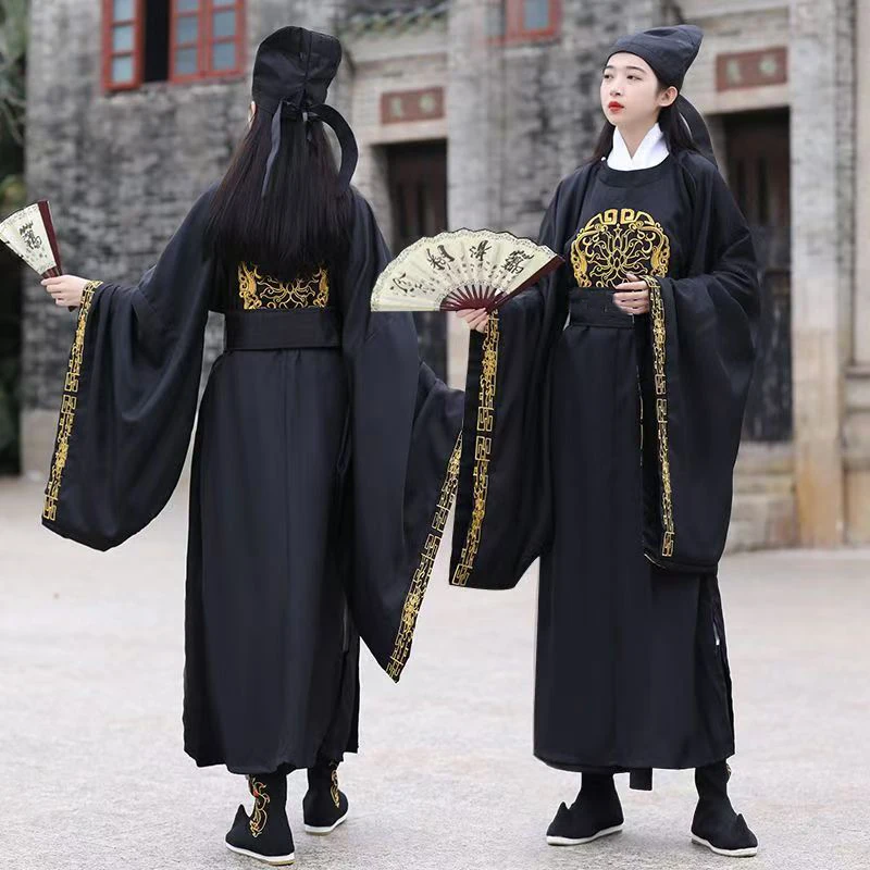 

Китайский Hanfu династия Тан, красный, черный, сказочный древний костюм, вышивка, косплей, фехтовальщик, WuXia, халат на Хэллоуин, с большим рукавом, унисекс