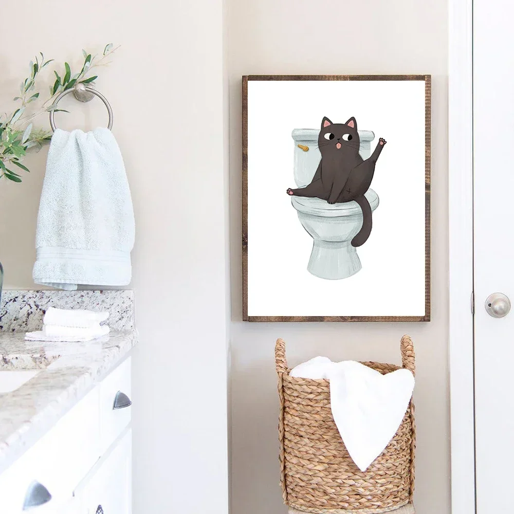 Illustration Funny Cute Black Cat On Toilet Posters Canvas Painting Cats Lover Wall Art Pictures Prints For Bathroom Home Decor