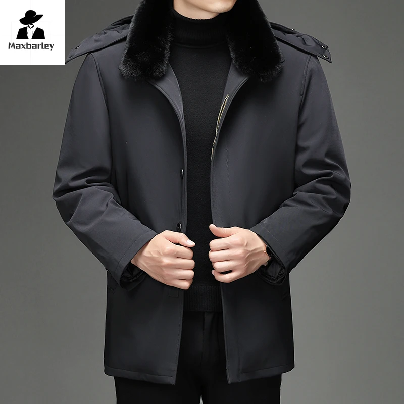 Winter Down Jacket Men's Luxury Mid-length Removable Duck Down Liner Warm Coat Casual Wool Collar Hooded Windproof Puffer Jacket