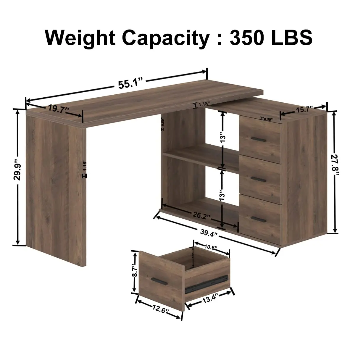 Rustic L-Shaped Corner Desk with 3 Drawers 55 Inch for Home Office, Customized