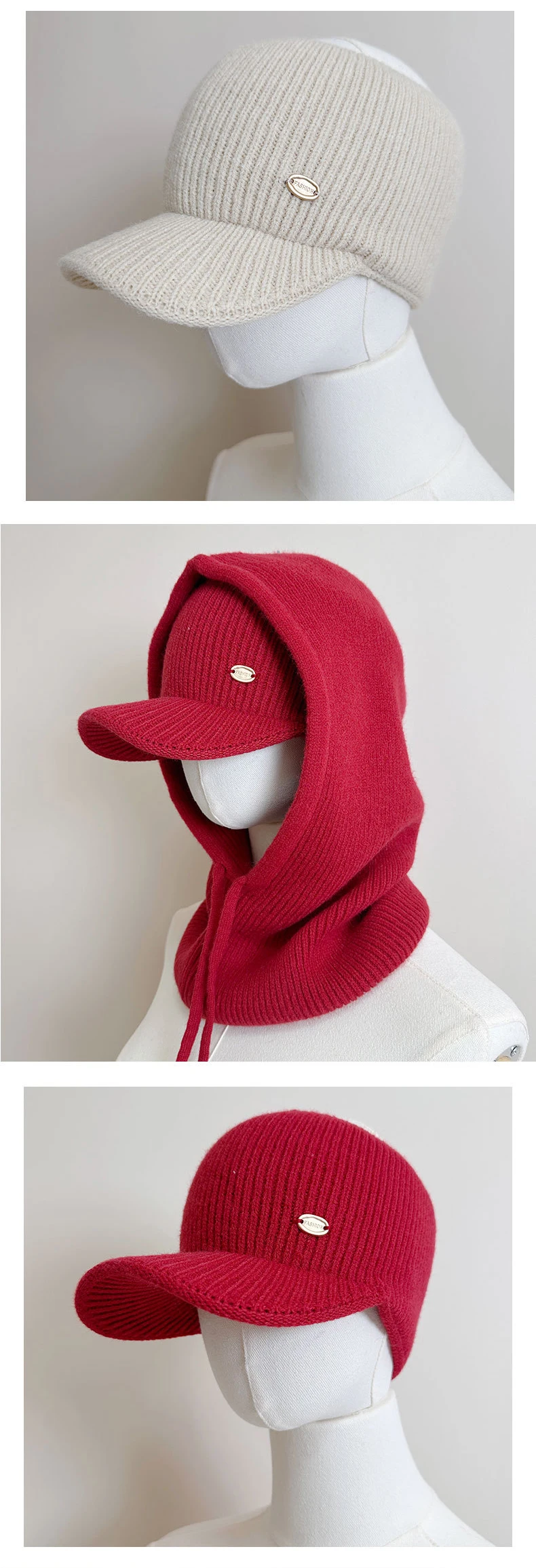 Zweiteiliges gestricktes Oberteil, Kappe und Sturmhaube für Damen und Herren, Schal, einteilige Mützen, Unisex, warme Wintermütze, kältebeständige Skimütze – Detail 4