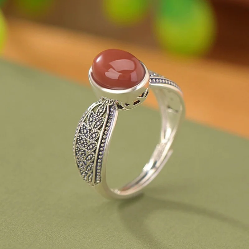 Ethnic Style Southern Red Ellipse Ring Retro Thai Silver Wheat Ear Rings Versatile Index Finger Jewelry For Female KOFSAC