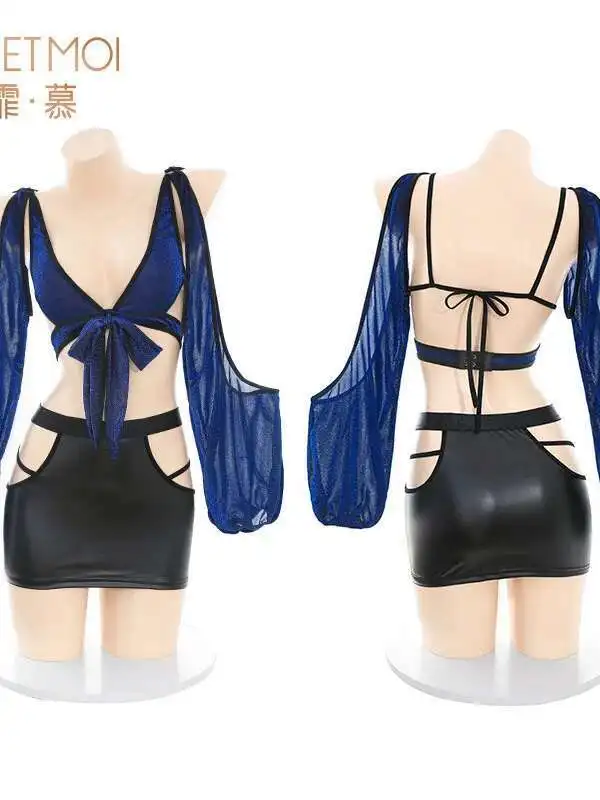 Camisas largas azules brillantes para club nocturno, falda ajustada a la cadera para chica, conjunto de falda de dos piezas, minifaldas ajustadas sexis de puro deseo T7AY