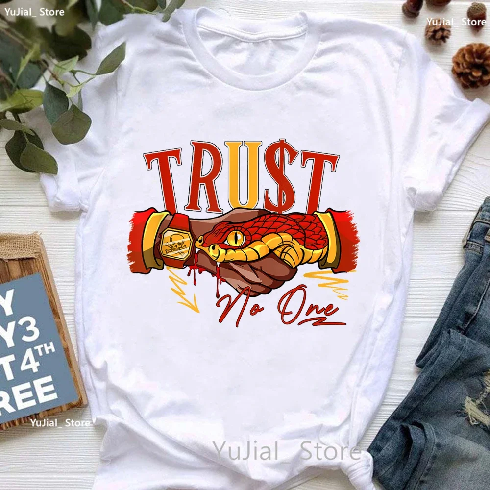 Trust No One Trust Shake Hand With Snake Print T Shirt Women Colorful Summer Short Sleeve Tshirt Femme Harajuku Shirt Streetwear