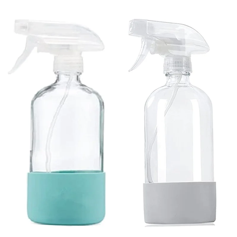 Clear Glass Spray Bottles with Silicone Sleeve, Refillable Empty Bottle for Cleaning Solutions, Water