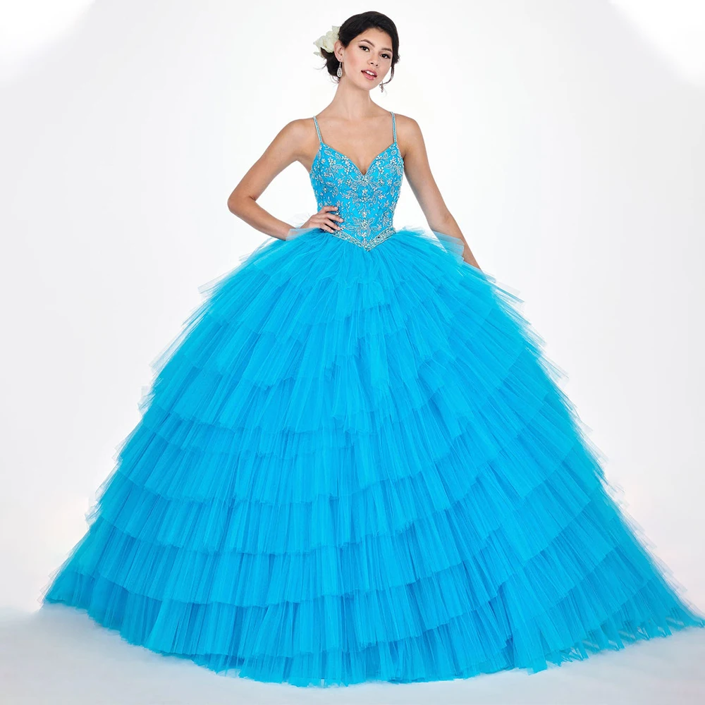 Luxury Quinceanera Dress Beading Spaghetti Straps Ball Gown Princess Quinceanera Gown Blue Tulle Tiered V Neck Sweet 15 16 Dress