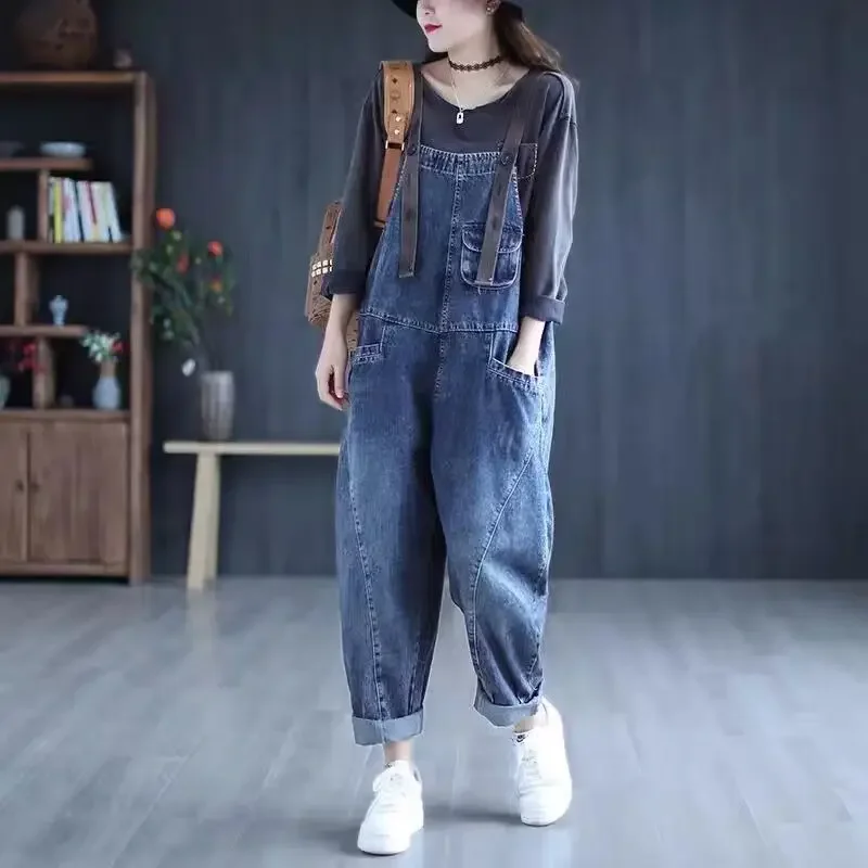 Vintage Casual Streetwear Big Pocket Loose Jeans Harem Pants Overalls Jumpsuit Women's Korean Style  Denim Rompers Trousers ZT24