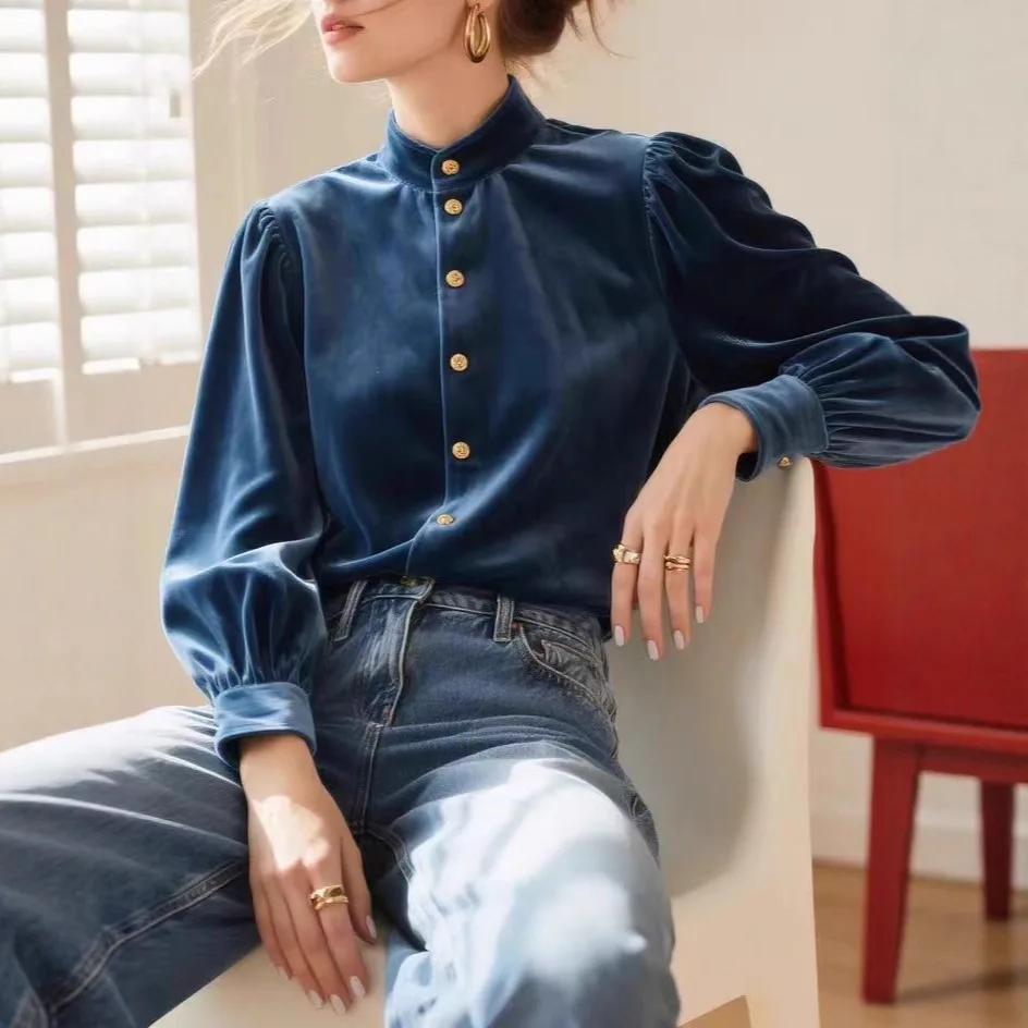 Womens Shirt Spring and Autumn Korean Version Stand Up Collar Velvet Shirt Daily Casual Simple Temperament Versatile