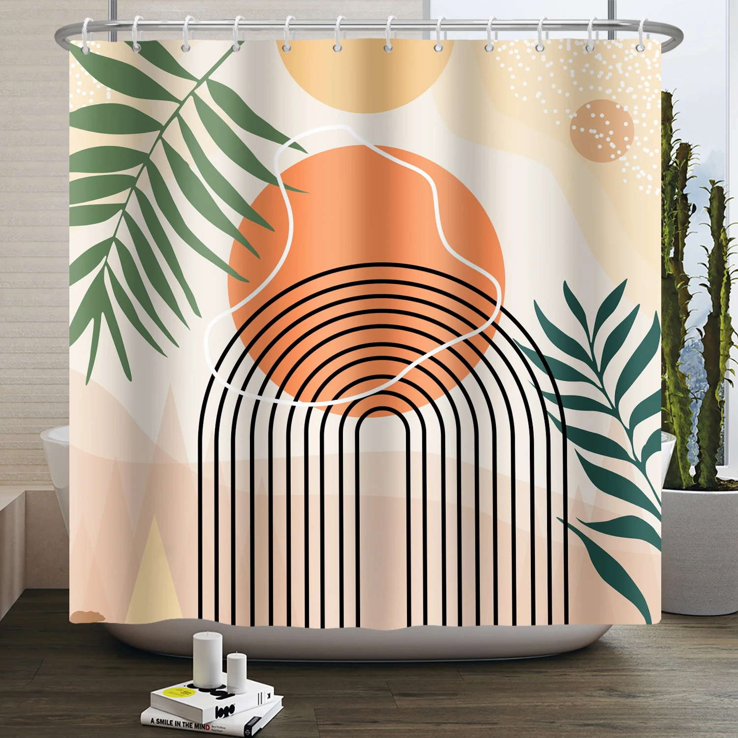 Nordic Wind Boho Shower Curtain for Bathroom Abstract Mid Century Modern Minimalist Geometric Arch Beige Bohemian Bath Curtain