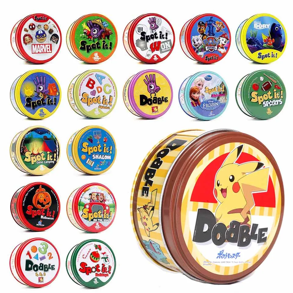 Pokemon Dobble Cards Pikachu Spot It Game Toy with Metal Box Family Board Game Red Sports Animals Holidays Camping Kids Gifts