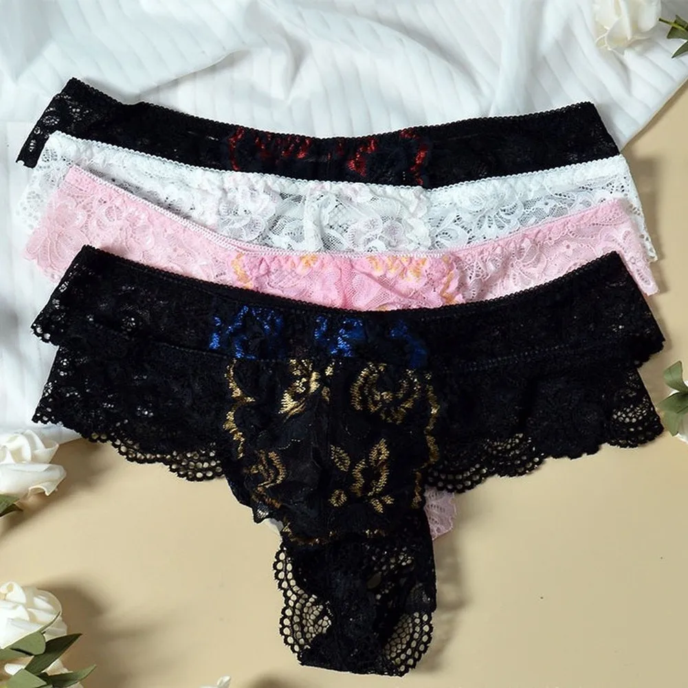 Men Lace Erotic Underwear Bulge Pouch G-String LowWaist See Through Sissy Bikini Bottom Erotic Hombre Male Lingerie Tanga