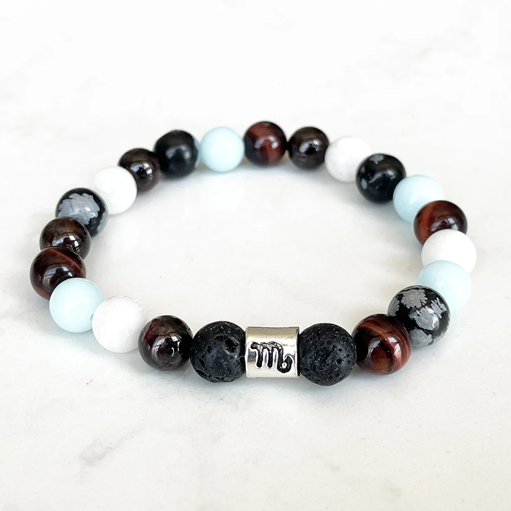 MG1644 New Design Scorpio Zodiac Bracelet 8 MM Red Tiger Eye Moonstone Snowflake Jasper Wrist Mala Natural Gemstone Jewelry