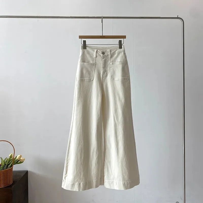 Jeans Lurus Warna Solid Fashion Wanita 2025 Celana Panjang Koboi Pinggang Tinggi Wanita Retro Celana Denim Kaki Lebar Wanita Musim Semi Musim Gugur