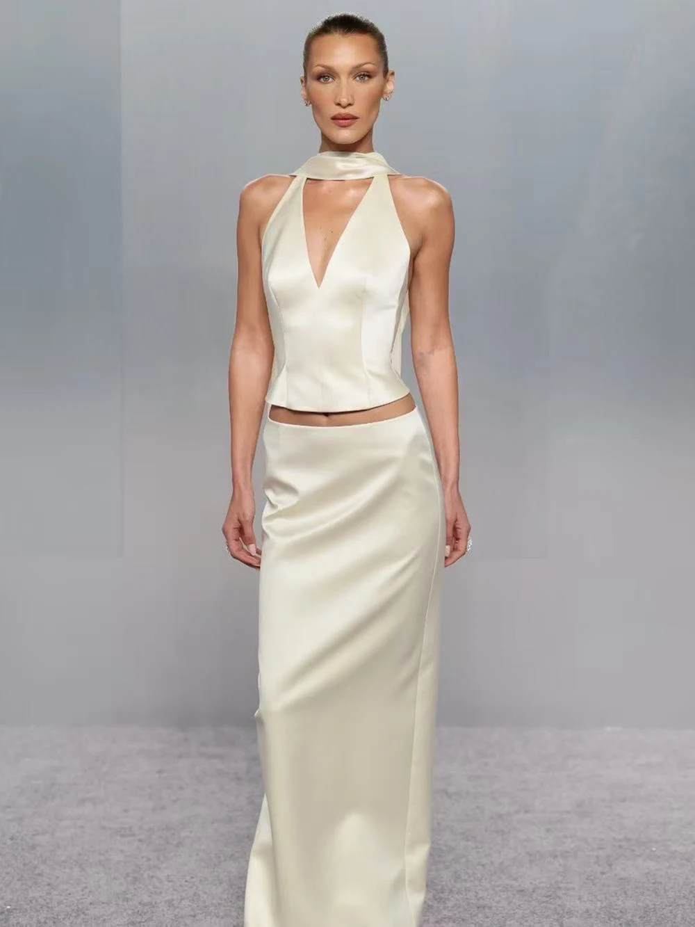 High End Satin Hanging Neck Backless Top+High Waist Backless Half Length Long Skirt Evening Gown Set