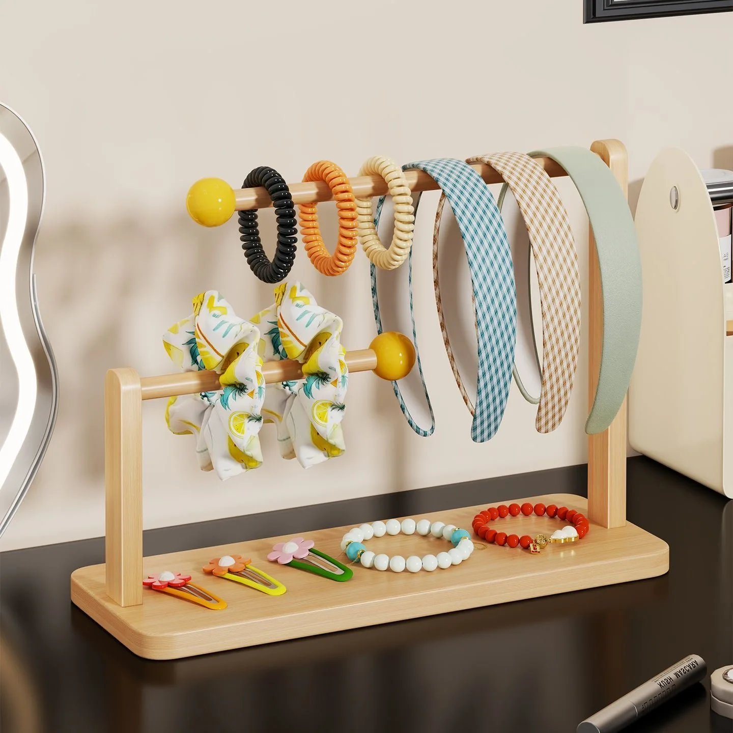 

Wooden Hair Accories Organizer Large Capaci Hair Clamps Display Stand Children's Hair Ties Ring Holder Jewelry Storage