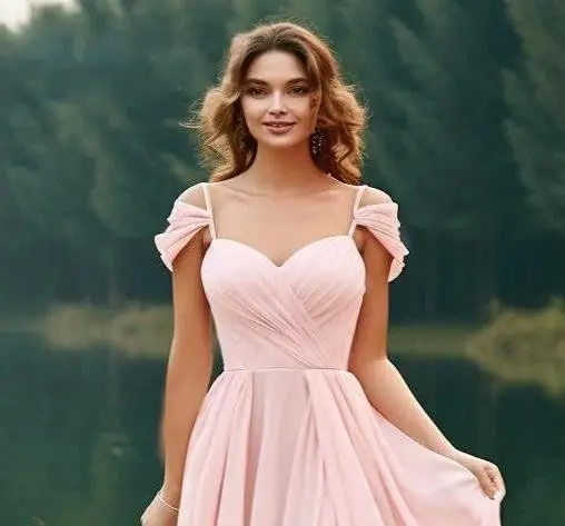 Szyfonowe sukienki dla druhen z odkrytymi ramionami, eleganckie sukienki dla kobiet, plisowane sukienki w kształcie litery A, długie sukienki dla gości weselnych z kieszeniami.