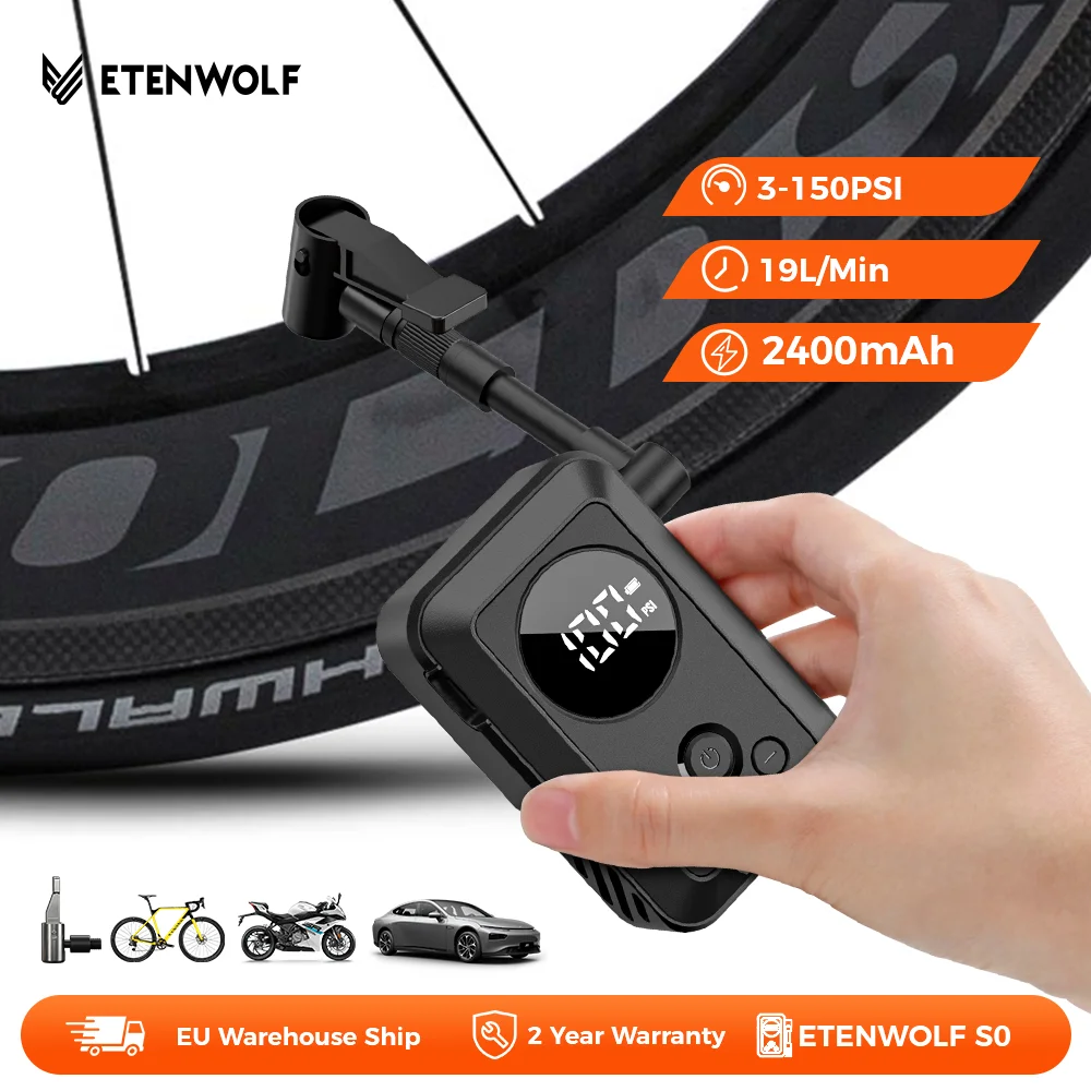 Image of ETENWOLF 150 PSI Fahrradpumpe 2400mAh Akku Mini-Luftpumpe 19L/Min für Mountainbikes/Rennräder, Sportbälle, Motorräder