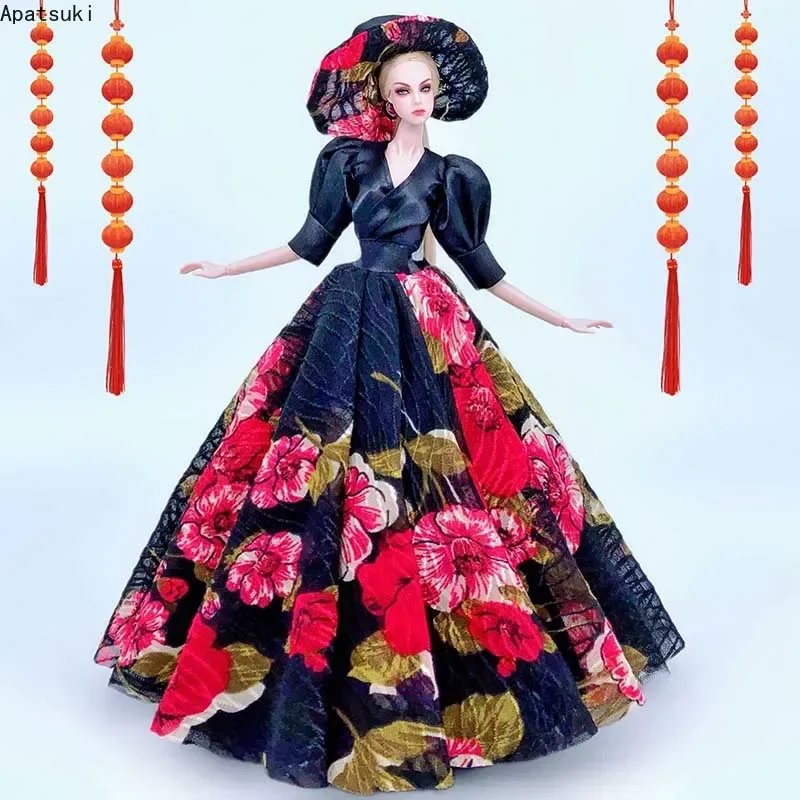 vestido-floral-vermelho-preto-roupas-para-boneca-barbie-romantico-frances-feito-a-mao-vestido-de-festa-e-chapeu-grande-1-6-acessorios-de-bonecas-brinquedos