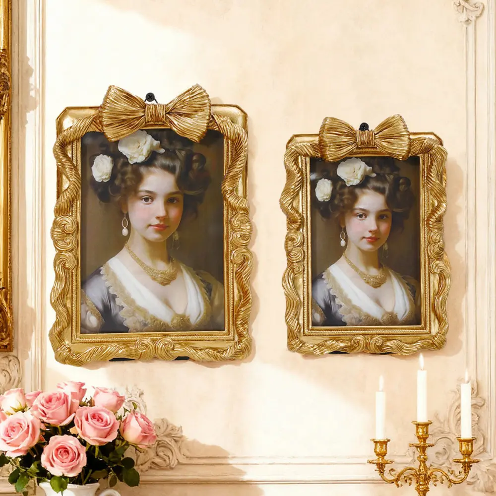 Decorative Gold Photo Frame Classical Bowknot Pattern Resin Picture Holder Tabletop Wall Mounted Decor For Wedding Anniversary