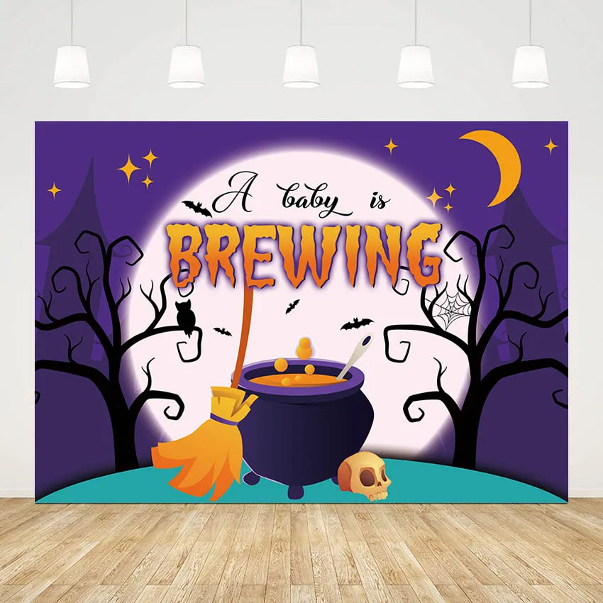 Halloween Baby Shower Backdrop Skull Soup A Baby is Brewing Photography Background Party Banner Moon Bat Decor Photoshoot Studio