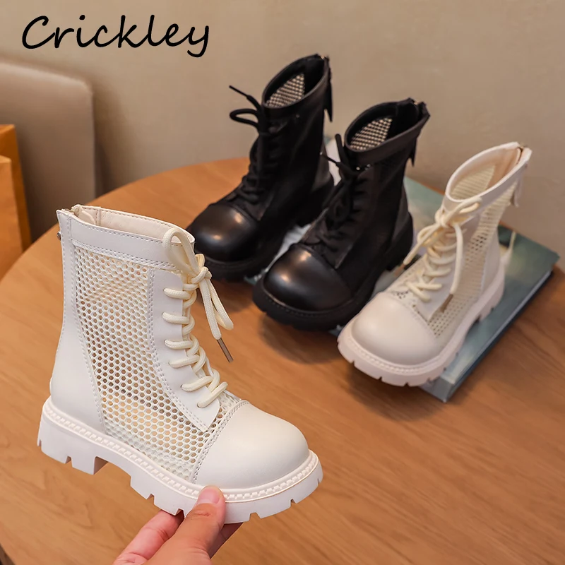 

Summer Solid Girls Boys Boots Fashion Hollow Out PU Leather Ankle Shoes For Kids Soft Sole Zip Breathable Children Boots