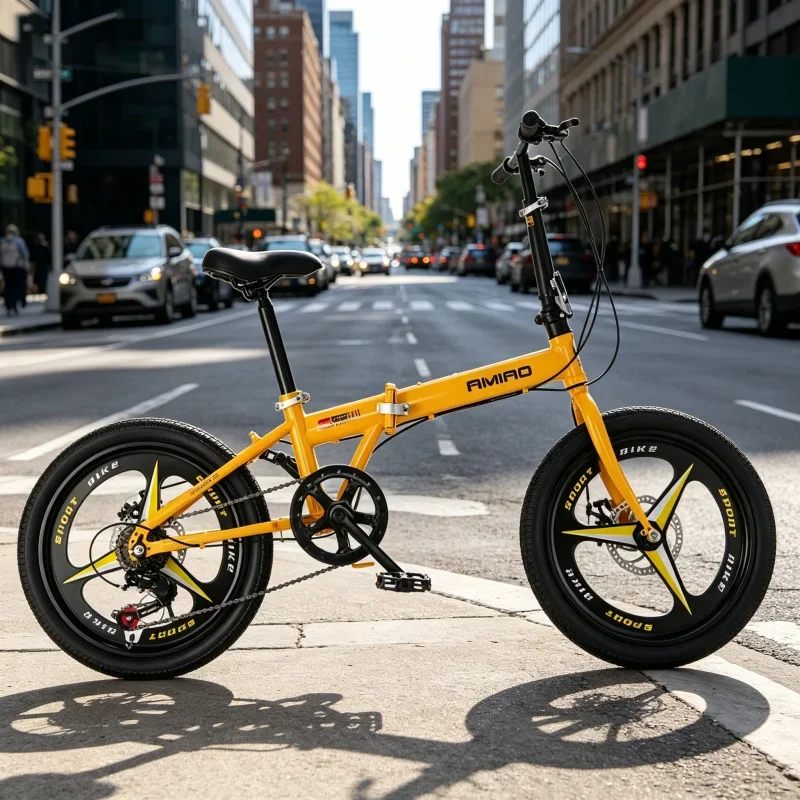 

Yellow 20-inch One-Piece Wheel Folding Bicycle Ultra-Light Portable Commuter Bike with Disc Brake Variable Speed for Students D