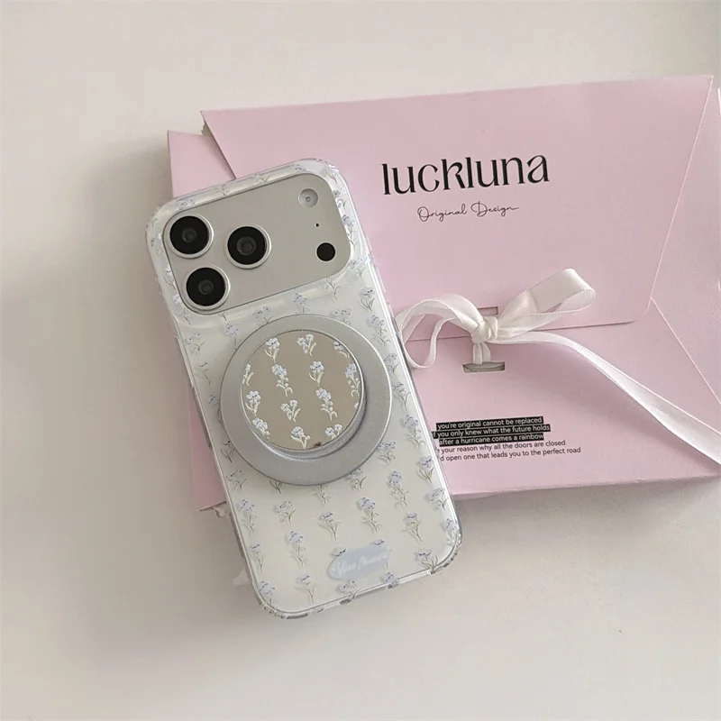 Kawaii Blue Floral For MagSafe Phone Case For iPhone 15 16 17 Pro Max With Mirror Stand Shockproof Protective Cover iPhone 17 ca