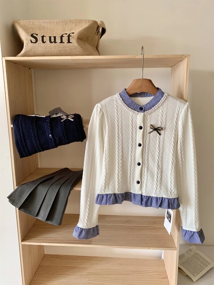 الحلو Preppy أعلى المرأة الخريف الشتاء القوس وهمية قطعتين اللون كتلة متماسكة سترة التلبيب زر تصميم الرجعية شيك أنيق الزي