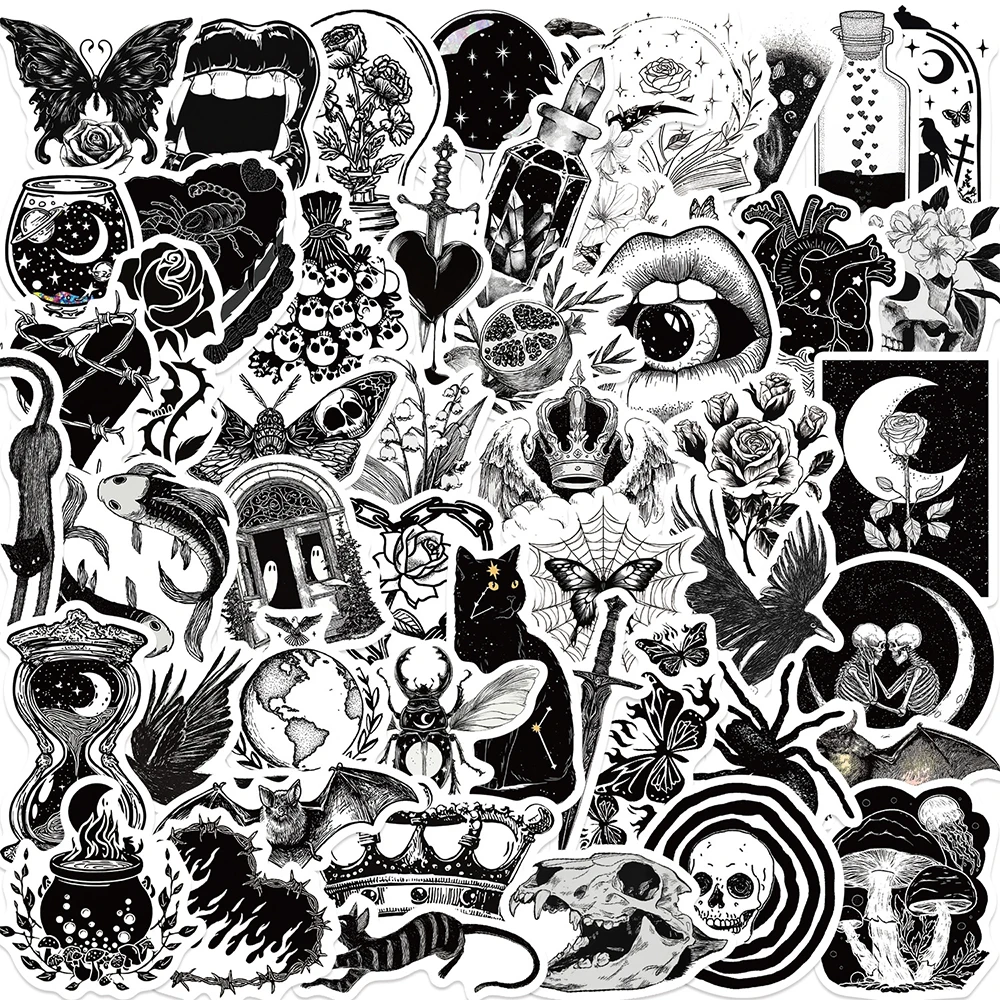 10/30/50pcs Gothic Horror Dark Romance Black White Skeleton Stickers Decorative Notebook Scrapbook Diary Art Aesthetic Decal Toy