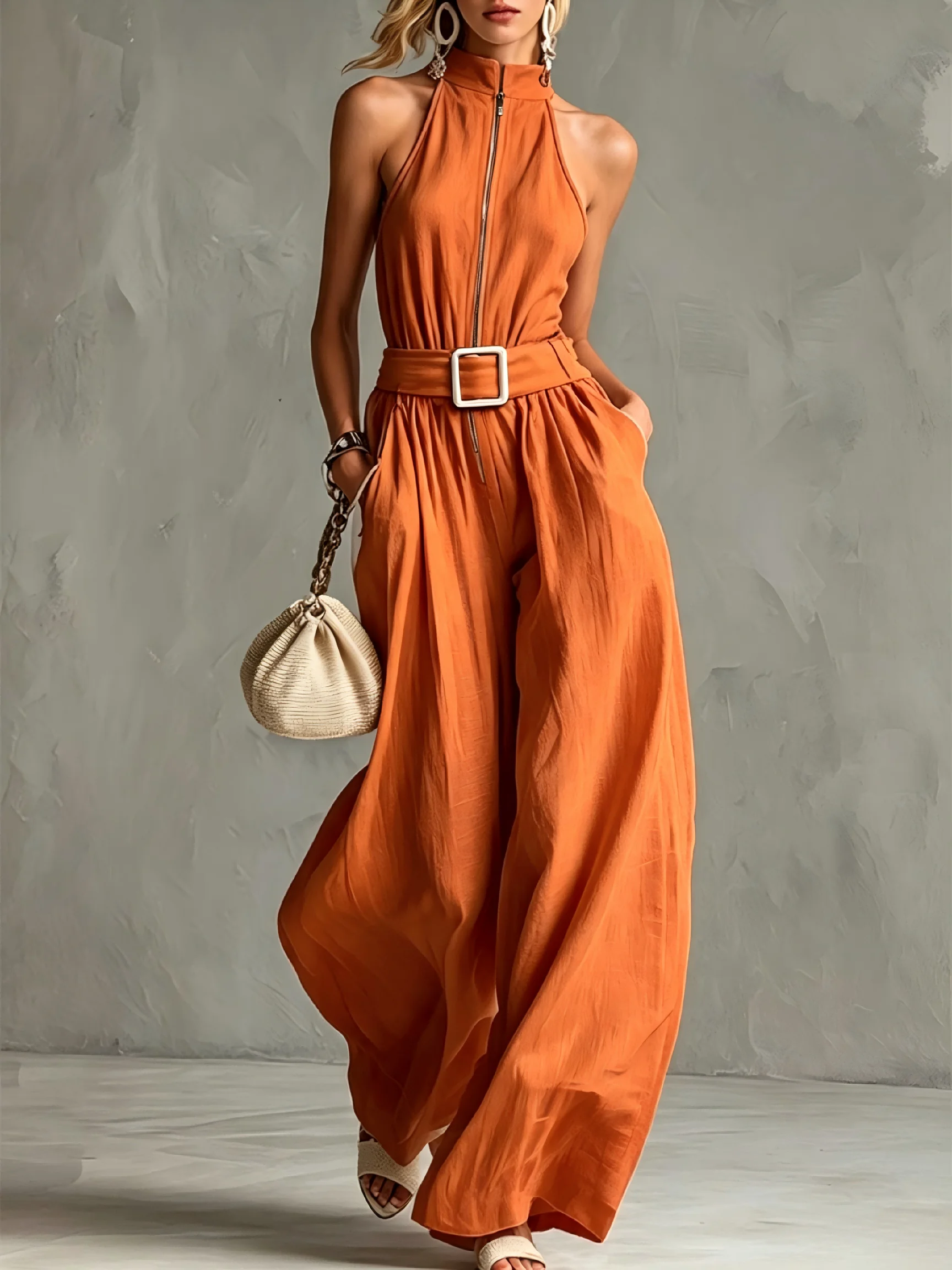 Women Halter Sleeveless Zipper Jumpsuit High Waist Belted Wide Leg Orange Romper Casual Loose Overalls With Pockets
