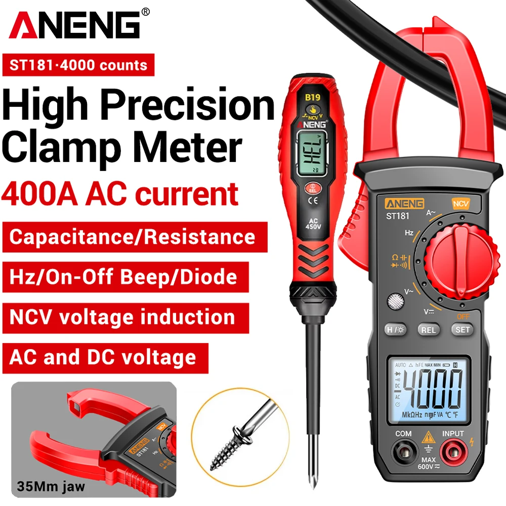 ANENG Clamp Meter Multimeter Digital Tester ST181+B19 AC Current Voltage Tester Ammeter Hz/Capacitance/NCV/Ohm Electrician Kit