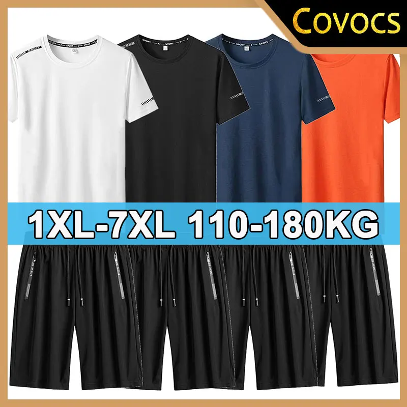 1PC/2PCS Summer T-shirt Shorts Set for Men Plus Size 1XL-7XL Short Sleeve Tees Shorts Casual Beach Sport Tops Man Suit 110-180KG