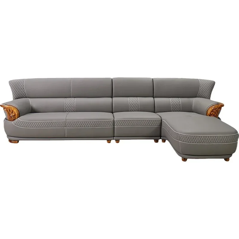 Leather sofa new Chinese-style home simple solid wood high-end villa living room leather cowhide corner combination