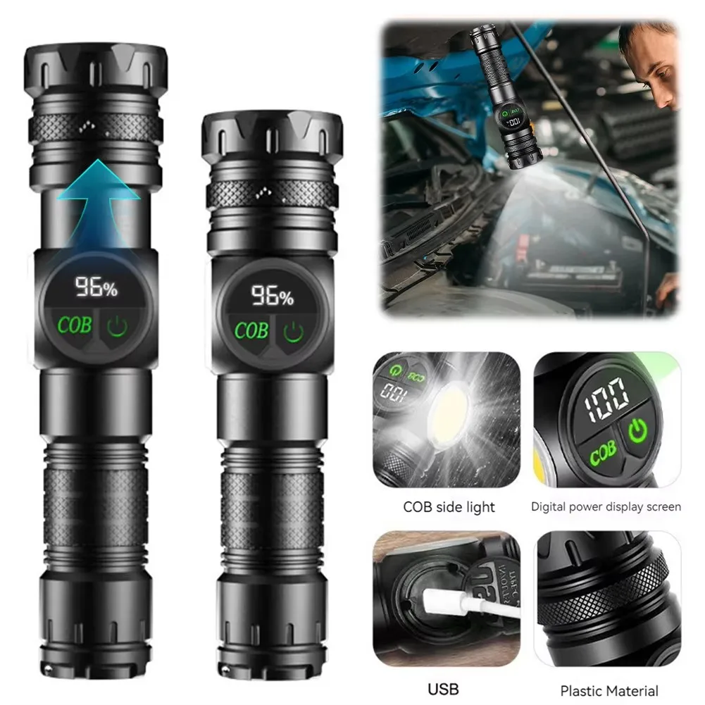 Maintenance Light Portable Zoom Flashlight with High Brightness Cob Side Light and Red and Blue Warning Light Rechargeable Battery