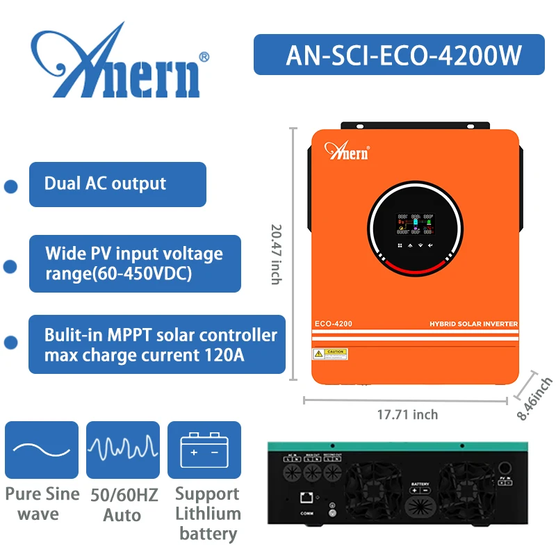 Anern 6200W 4200W hybrydowy falownik solarny 24V 48V 230V off-grid falownik fotowoltaiczny z ładowarką MPPT 120A praca bez akumulatora