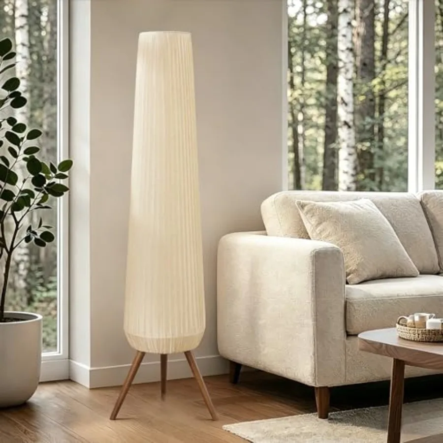 61'' Oatmeal Linen Pleated Floor Lamp, Walnut Wood Tripod Base Tall Standing Lamp with 3 Built-in Light Sockets, Soft Ambient L