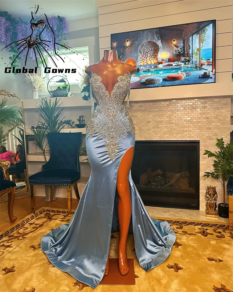 Blue Long Prom Dresses For Black Girls Bead Crystal 2024 Birthday Luxury Dress Tassel Graduation Gown With Split Customized