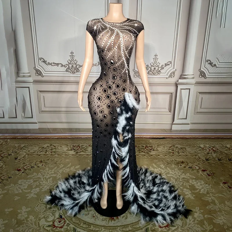 

Sparkly Rhinestones Black White Feathers Floor-length Dress Women Birthday Celebrate Wedding Evening Prom Dress Photo Shoot Wear