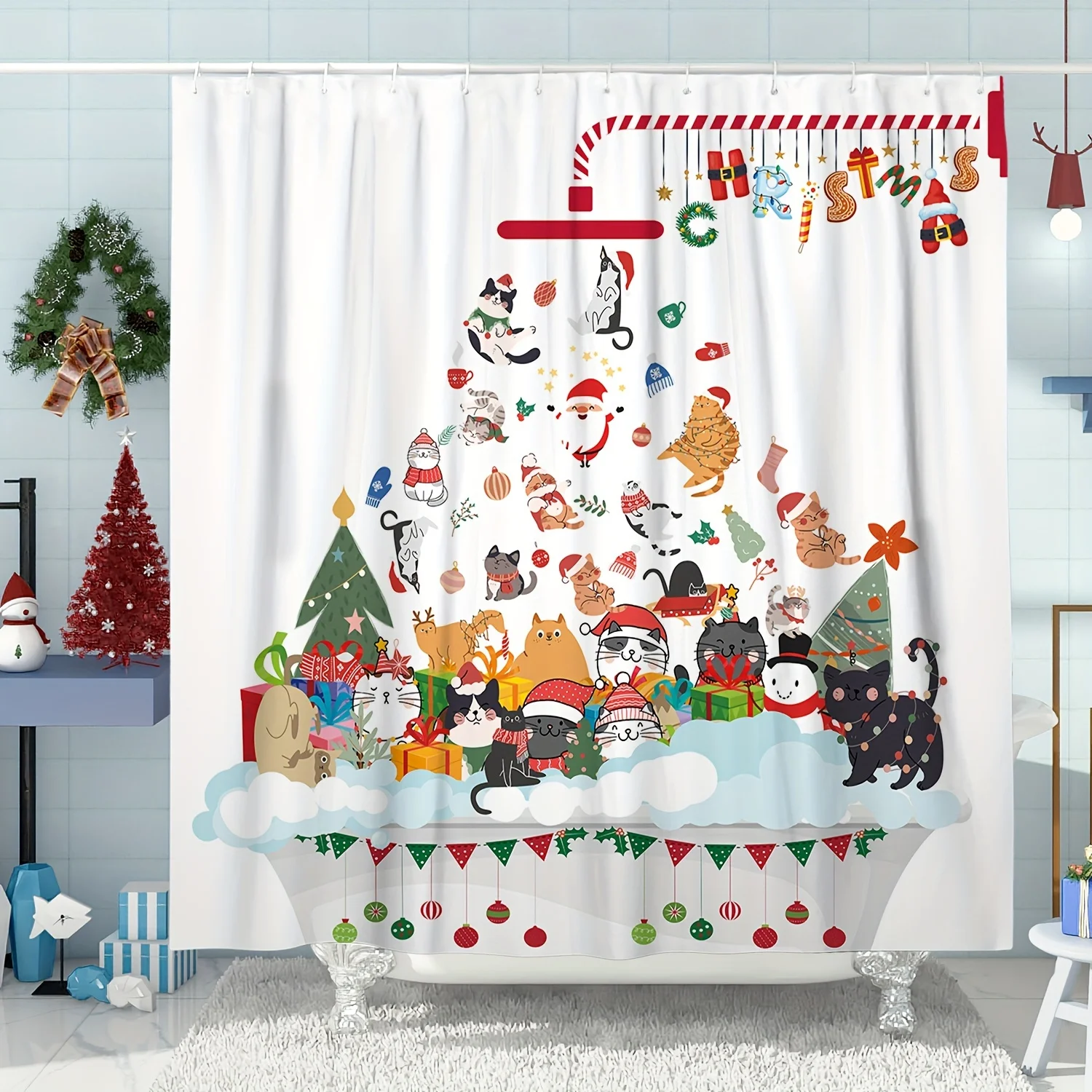 Elegant Christmas Tree with Ornaments Waterproof Shower Curtain – Perfect for Adding Festive Cheer to Your Holiday BathroomDecor