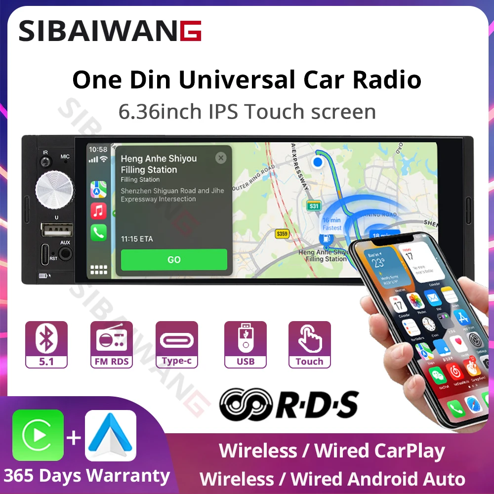 

1Din 6.36'' Car Radio Multimedia Carplay Touch Screen MP5 Support Wireless Carplay Android AUTO AUX IPS Bluetooth FM RDS Radio